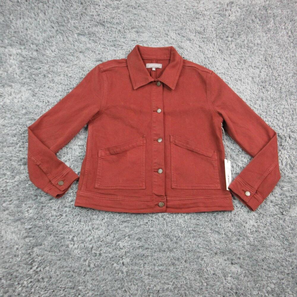 Just USA Jacket Womens Large Brown Red Slant Pocket Denim Stretch Cinnamon NWT